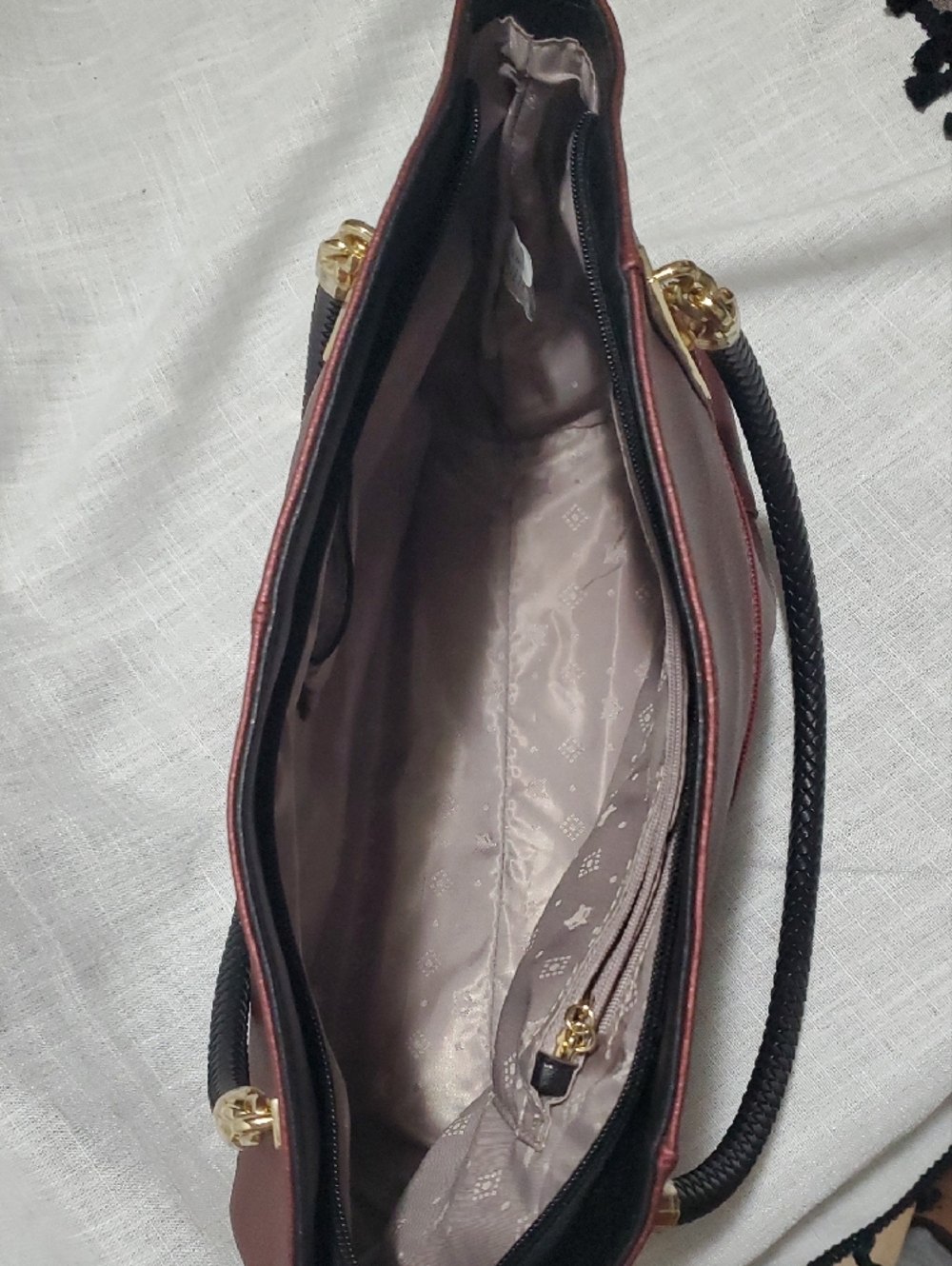 Women's Burgundy Tote with Black Braided Handles and Gold Accents - Picture 3 of 4